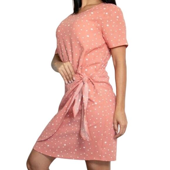Gilli S Coral Pink White Ditsy Polka Dot Tie Up Wrap Short Sleeve Mini Dress - Picture 1 of 8
